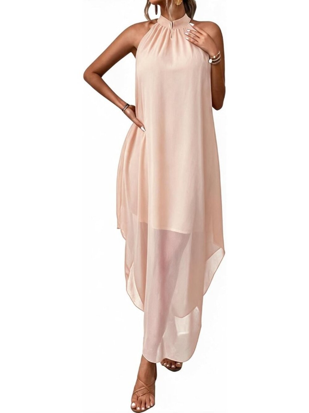 Women's Apricot Flowy Chiffon Elegant Cocktail Halter Neckline Lightweight Maxi
